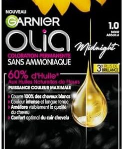 Couleur cheveux 2024 « Olia Noir Absolu 1.0 : Coloration Permanente sans Ammoniaque aux Huiles de Fleurs Naturelles par Garnier »