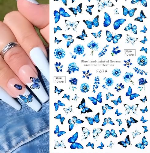 Manucure tendance printemps « Kit Manucure Printemps/Été : Stickers Ongles Papillon Bleu (4 Feuilles) – Nail Art pour Femme et Fille » – Image 3