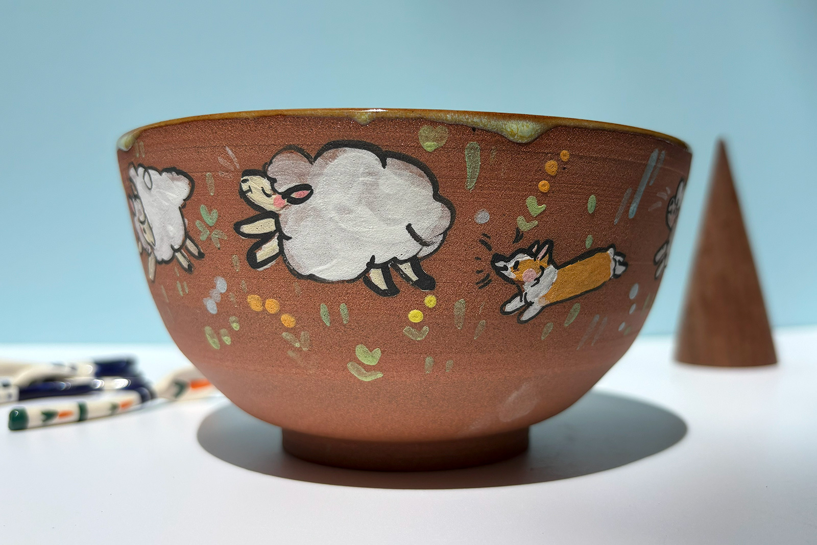 Bowl – Red Stoneware – Sheep + Corgi