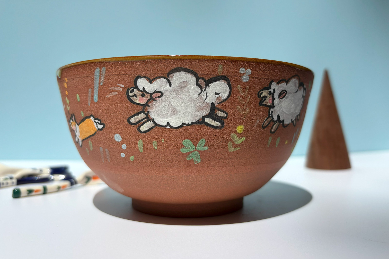 Bowl – Red Stoneware – Sheep + Corgi – Image 2
